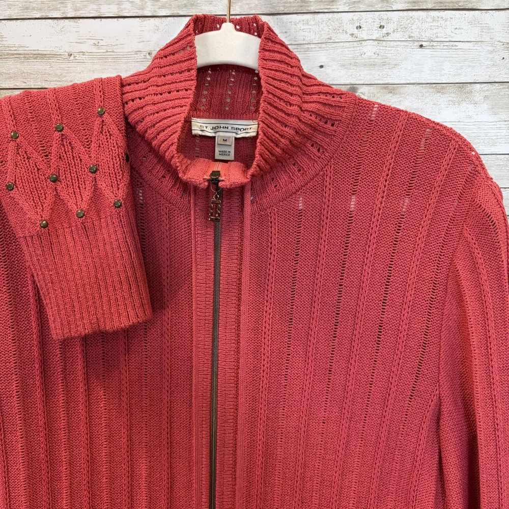 St. John Sport Womens M Sweater Coral Jacket Full Zip Turtleneck Wool Blend READ